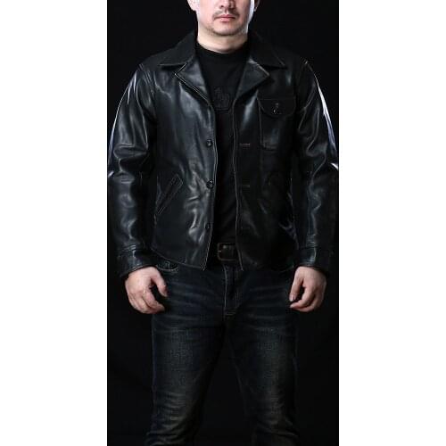 YR!Free shipping.Black oil wax horsehide jacket,Mens classic safari style leather coat.quality vintage leather clothing