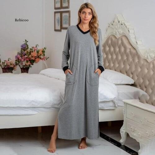 Mixed Cotton Loose Long Sleeve Women Nightdress V-Neck Split Female Nightgown Autumn Casual Soft Ladies Maxi Home Dress