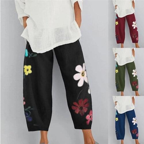 Women Casual Harem Pants Summer Elastic Waist Wide Leg Pants Vintage Floral Printed Trousers Female Loose Pantalon Plus Size