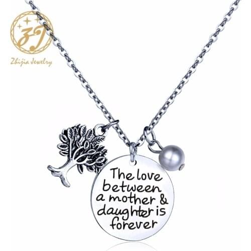 Zhijia Jewelry Stainless steel pearl Pendant Chain Necklace "The Love between a mother & danghter with Life Tree free shipping