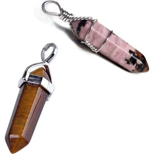 2 Pcs Chic Hexagonal Columns Bead Stone Pendant for Necklace-Tiger Eye & Rhodochrosite