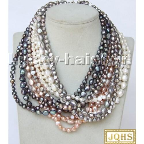 AAA 45cm 10mm Baroque potato white gray black pink-purple pearls necklace 18KGP clasp c284