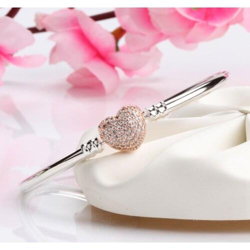 Bewill Genuine S925 Silver Inlaid Heart-shaped Buckle Bracelet Fashion Hot Full Diamond Versatile Rose Gold Heart Button Bangle