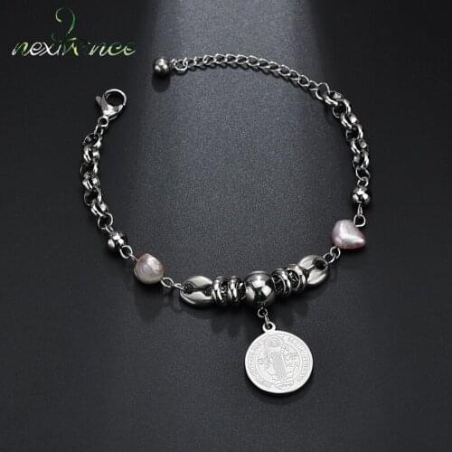 Nextvance Saint Coin Pendant Bracelets Imitation Pearl Jesus Amulet Bracelet For Birthday Gift Christian Unisex Jewelry