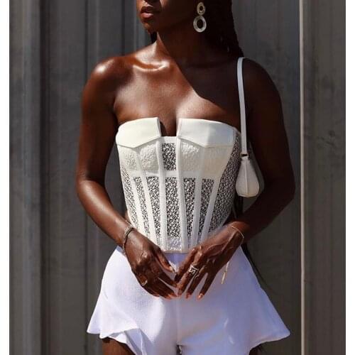 DEIVE TEGER New Fashion Style Summer Womens Sexy Strapless Bodycon Hollow Out Solid Corset Mini Top Nightclub Party Wear