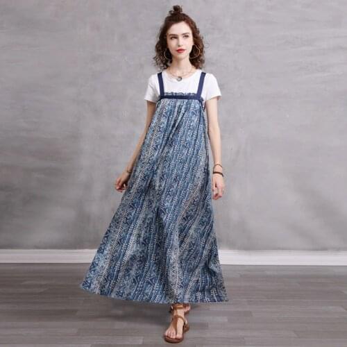 Johnature Women Cotton Linen Sling Dress Print Floral Patchwork Vintage Loose Clothing 2021 Summer New French Comfortable Dress