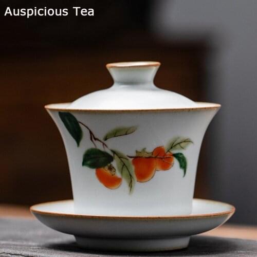 Chinese Ancient Ru Kiln Flower Pattern Tea Tureen Bowl Handmade Ceramic Teacup Travel Portable Gaiwan Home Tea Set Drinkware