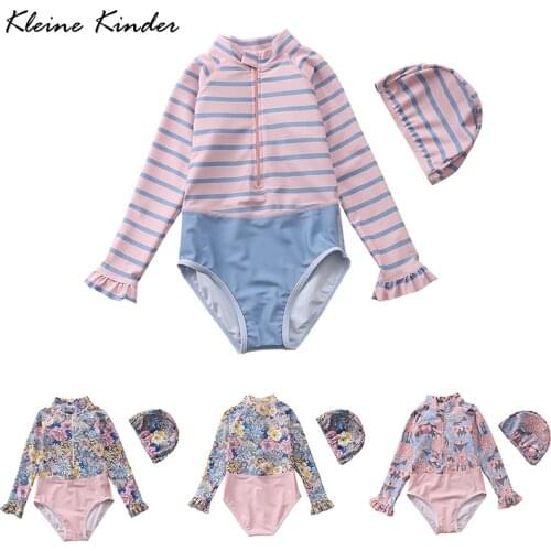 Swimsuit for Girls One Piece with Swim Cap Striped Floral Full Sleeve Childrens Swimwear Rashguard Kids Baby Girl Swimming Suit