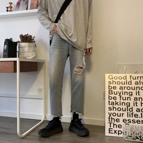 2020 Mens Holes Stretch Slim Fit Cargo Pocket Wash Jeans Blue Color Casual Pants Cut Rotten Male Pants Biker Denim Trousers