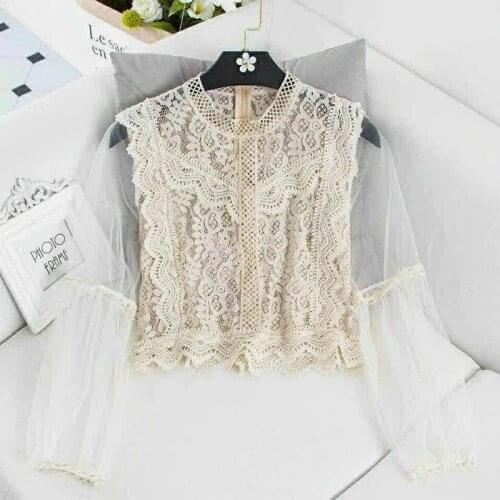 2020 spring and autumn new stand-up collar lace bottoming shirt womens long-sleeved temperament casual mesh top