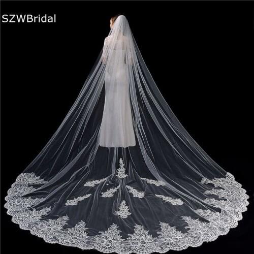 New Arrival Ivory Cathedral Bridal Veil Long Lace Applique Wedding viel with Comb Weeding accessoire Voile mariee Schleier