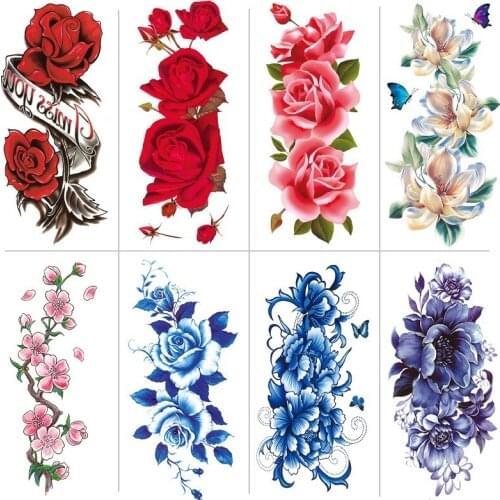 Blue Red Rose Flower Fake Tattoo Stickers for Women Plum Blossom Body Arm Shading Waterproof Temporary Tattoos Wholesale