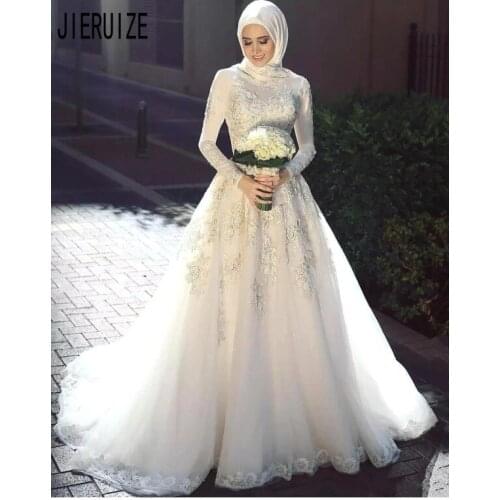 JIERUIZE Modern Long Sleeves Muslim Wedding Dresses High Neck Lace Appliques Arabic Bridal Gowns Vestido de novia Robe Mariage