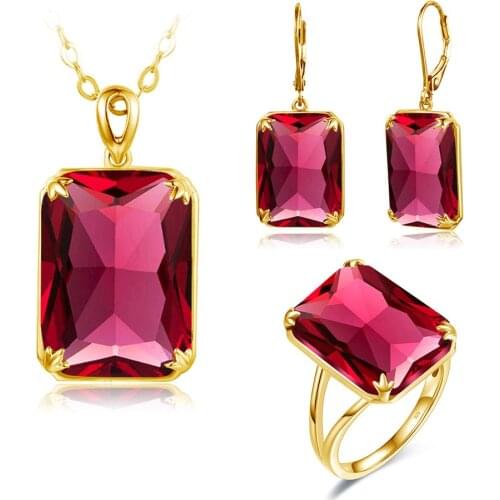 Szjinao 14K Gold Jewelry Sets For Women Sparkling Red Ruby Pendant Earrings Ring Set Rectangle Gemstones Real Silver 925 Jewelry