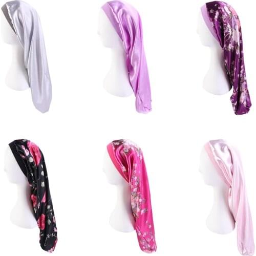 High Stretch Wide Brim Long Barrel Cap Satin Night Long Hair Care Hat Long Satin Bonnet Sleep Women Chemo Styling Accessories