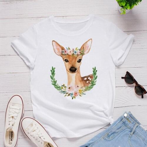 Graphic Women Tees Tops Cartoon Sika Deer Head Print Tshirts Funny Tshirt Casual Harajuku Female T-shirt Funny Printed T-Shirt