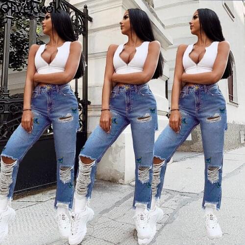 Olivekwok 2021 Woman Fashion Solid Pencil Pants Sexy Hollow Out Casual Tassel Printing with Pocket Blue Jeans