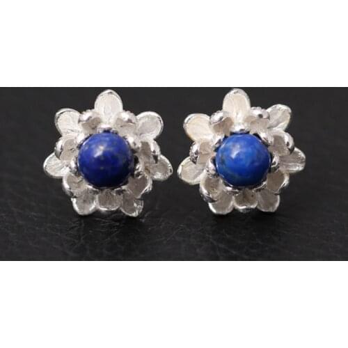 925 Sterling Silver Lapis Lazuli Lotus Flowers Stud Earrings For Women Elegant Lady Prevent Allergy Fine jewelry