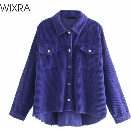 Wixra Women Thick Corduroy Blouses Vintage Oversized Long Sleeve Turn-Down Collar Button Up Autumn Winter Top