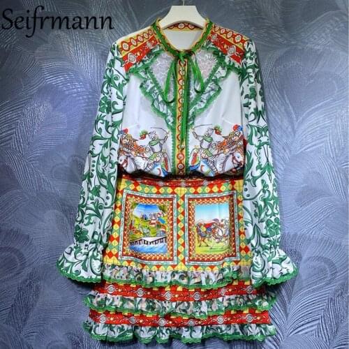 Seifrmann New 2021 Autumn Women Fashion Runway Skirts Sets Flare Sleeve Ruffles Loose Shirts + High Waist Vintage Skirts Suits