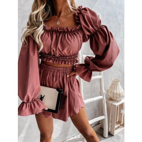 Women Sexy 2Pcs Bikini Swimsuit Cover Up Beach Outfits Swimwear Mesh Puff Sleeve Off Shoulder Crop Top Slit Maxi Skirt