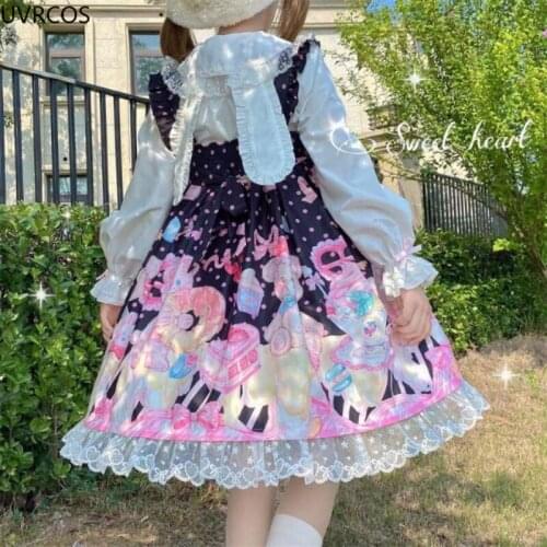 Women Lolita Sleeveless Dress Spring Fall Japanese style Black Ivory classic print jumper skirt Lady Chic Lace Ruffles Bow Dress