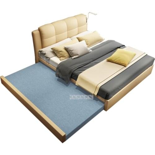 1.8X2M Double Person Bed With 1.2M Drawer Type Pull-out Bed Real Genuine Leather Backrest Modern Bed Home Bedroom Furniture