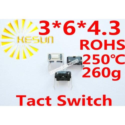 FREE SHIPPING 100PCS DIP 3*6*4.3(h)MM Tactile Tact Push Button Switch Momentary Vertical Push ROHS