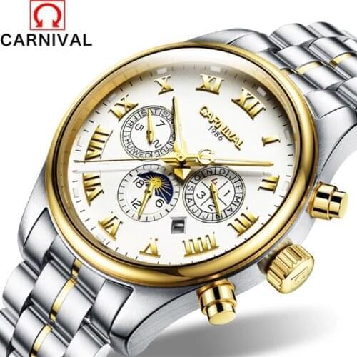 Relogio Masculino Carnival Luxury Brand Military Watch Fashion Men Luminous Moon Phase Calendar Automatic Mechanical Wristwatch