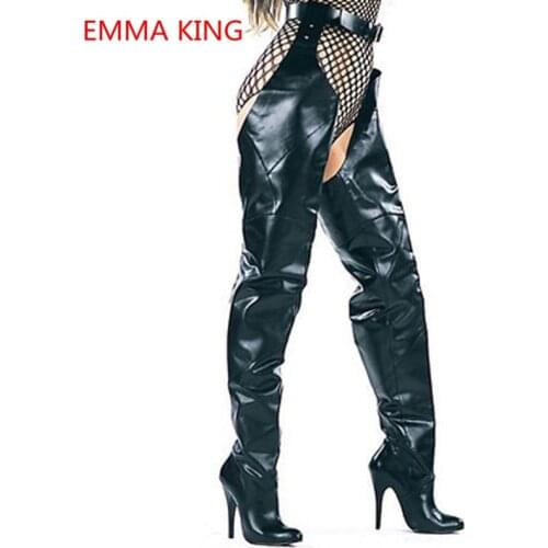 Black Leather Women Belt Long Boots Sexy Pointed Toe Sling High Heels Pumps Autumn Winter Fashion Women Thigh High Boots Shoes