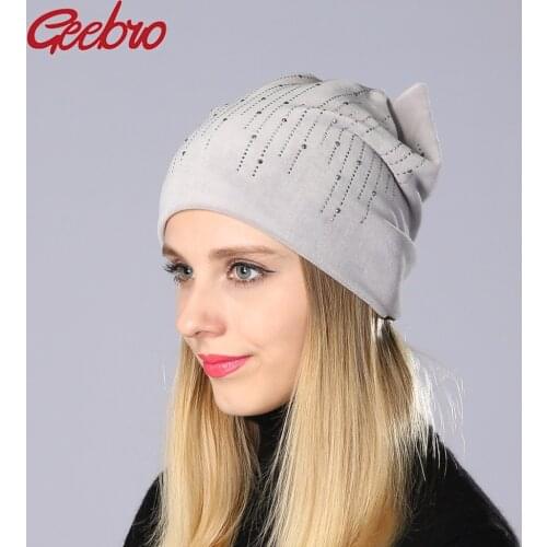 Geebro Women Velvet Fabric Winter Hat Fashion Rhinestones Pattern Beanie Cat Ears Hats For Female Ladies Skullies Beanies Bonnet