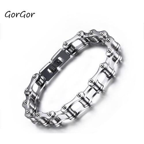 GorGor 2020 Trendy Classic Silver Color Titanium Bicycle with Rivets Bracelet for Fashion Men Charm Party Jewelry Gift BR-088