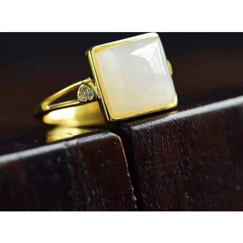 Natural Hetian Jade White Jade Fashion Personality Small Square Jade Ring Retro Simple Opening Adjustable S925 Sterling Silver R