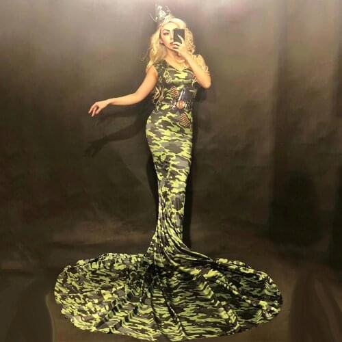 Camouflage Long Fish Tail Skirt Big Leggings Costume Mash Perspective Outfit Bodysuit Nightclub Rompers Female Singer Stage Wear
