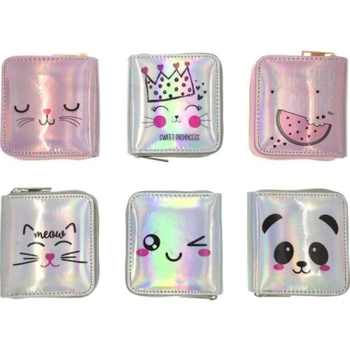 KANDRA Cute Cartoon Silver&Pink Holographic Laser Short Wallet Women Shiny Pu Leather Small Wallet Clutch Holiday Bag for Girls