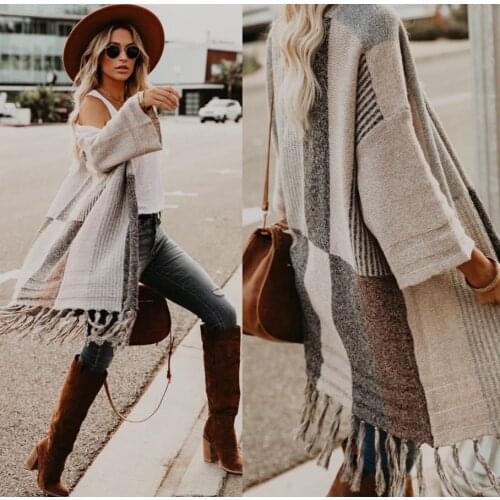 Casual Knitted Cardigan Women Vintage Striped Loose Sweater Coat Tassel Oversized Jumper Outwear Autumn Winter Sweaters Women