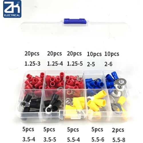 102PCS 10Kinds RV) Ring Terminal Electrical Crimp Connector Kit Copper Wire Insulated Pin End Docking Box