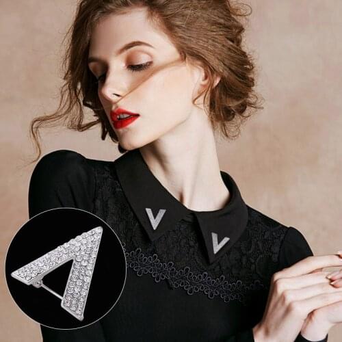 Crystal Rhinestone Shirt Collar Pin Silver Plated Metal V Shape Letter Brooches for Women