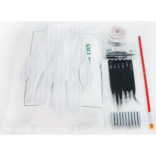 1Set Silvery Soldering Iron Tips Cleanroom Wiper Desoldering Wire Kit With ESD Anti-Slip Glove Tweezers Brush Vacuum Suction pen