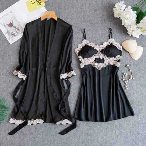 Nightgown & Robe Set Homewear Bathrobe Silk shower robe Set Women Pijamas Satin Sleepwear Sets Night Dress Women Elegant