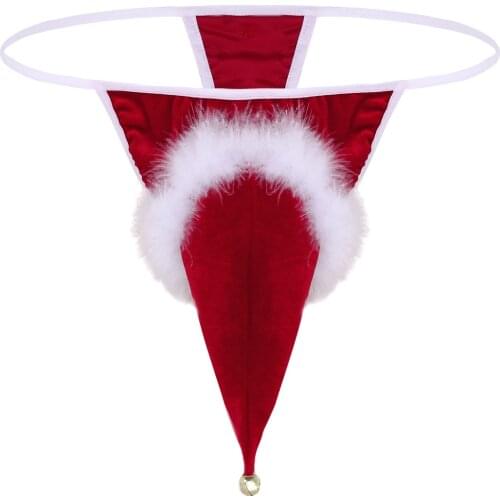 New Red Mens Lingerie Costumes Velvet Santa Hat Christmas Holiday Fancy Cosplay Sexy Bell Jockstraps G-string Thong Underwear