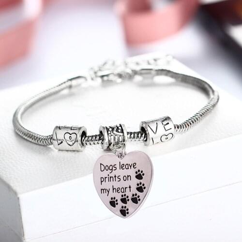 Dogs Leaves Prints On My Heart Charm Bracelet Pet Dog Cat Paw Prints Bangles Love Beads Pet Rescue Pendant Jewelry Gift