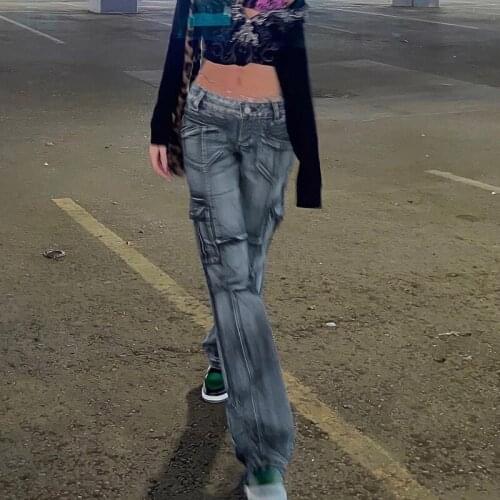 Y2K Low Waist Mom Straight Denim Jeans Women Grey Bleached Streetwear Korean Girls Harajuku Wide Leg Trousers Pocket Cargo Pants