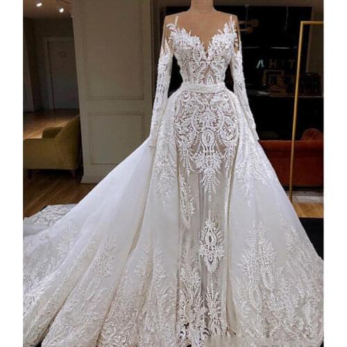 Robe De Mariee Hot Long Mermaid Wedding Dress Detachable Train Luxury Dubai Sheath Lace Appliqued Bridal Gown Bride Dresses