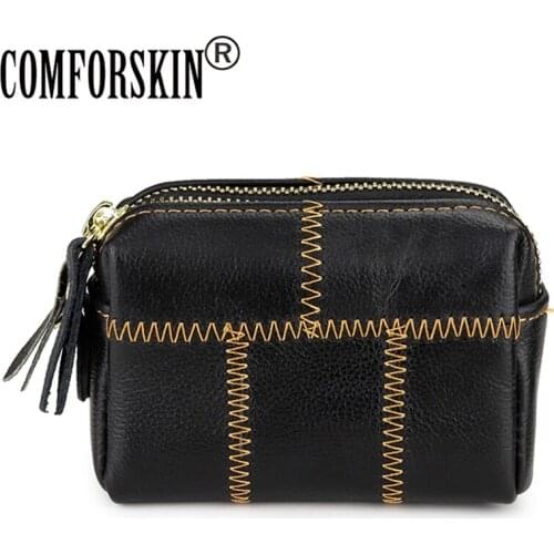 COMFORSKIN Luxury Cowhide Women Zipper Purse New Fashion Double Compartment Female Coin Purse With Key Chain Retro Style Wallet
