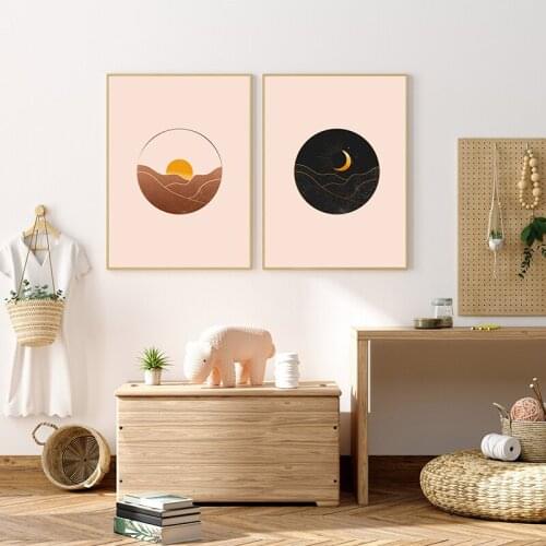 Mid Century Modern Sun and Moon Print Abstract Landscape Poster Canvas Painting Wall Art Boho Picture for Living Room Home Decor