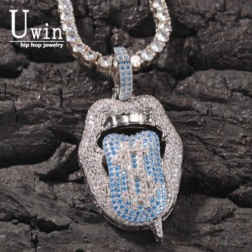 Uwin Blue Tongue Charm Lips Pendant In The Bag Cubic With Tennis Chain Men Women Hip Hop Jewelry Gift