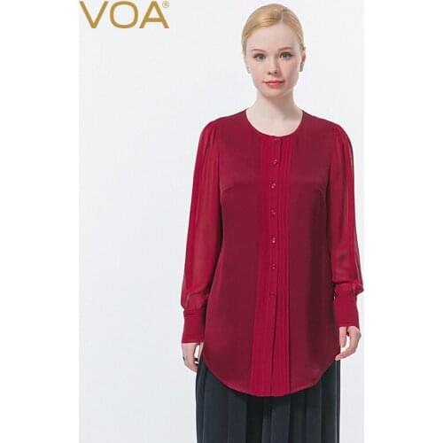 VOA Silk 40m/m Heavy Double-sided Satin Red Georgette Stitching Round Neck Shirt Sleeve Fold Hem T-shirt Office Lady BE689