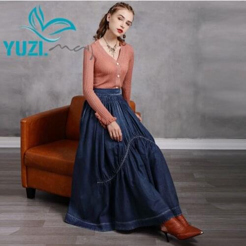 Woman Skirts 2020 Yuzi.may Boho New Denim Women Skirt Patchwork Long saias X2239 Vintage Pleated Layered Saias