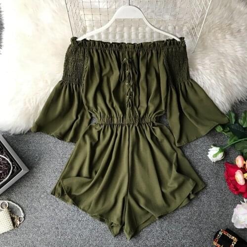 Jumpsuit Short Women Summer Off Shoulder Short Pagoda Sleeve Solid Casual Sexy Bodysuit 2019 New Korean Female Bandage Playsuits
